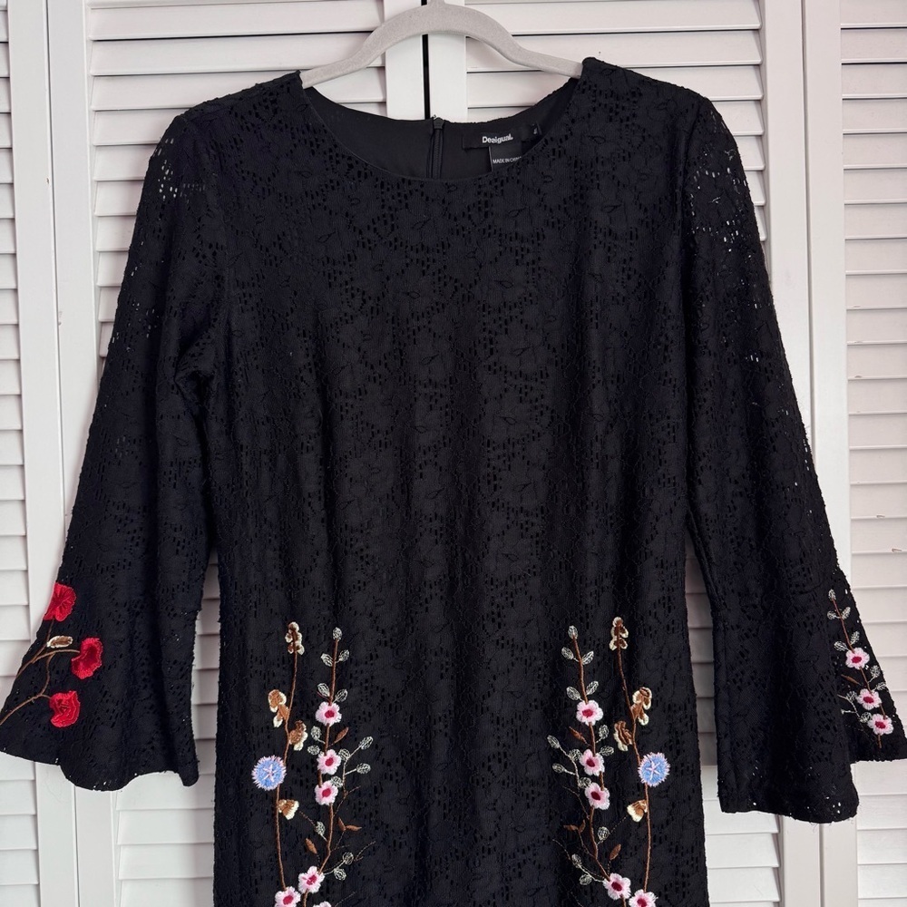 Desigual Vermond Lace Dress Floral Embroidery Bell Sleeve Black Size 40 Medium - Picture 7 of 14